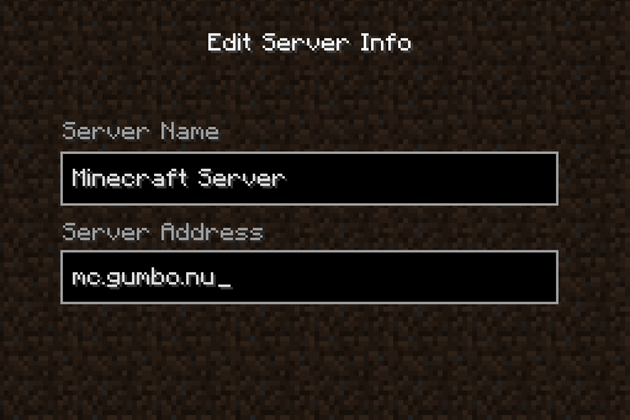 Typ mc.gumbo.nu in het "Server Address" veld in Minecraft om de server te joinen.